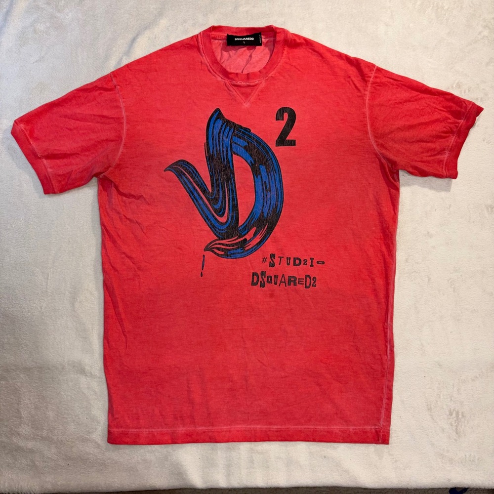 Dsquared2 Mens Red Graphic T-Shirt Studio 2 Logo Short Sleeve Size L Made  Italy